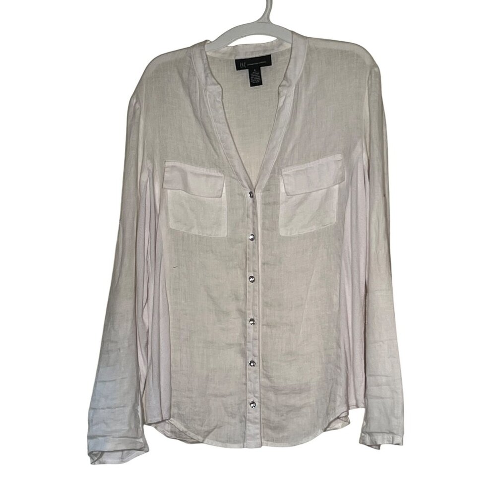 INC. International Concept 8 White Linen Rayon Blouse Pockets Roll Tab Sleeves